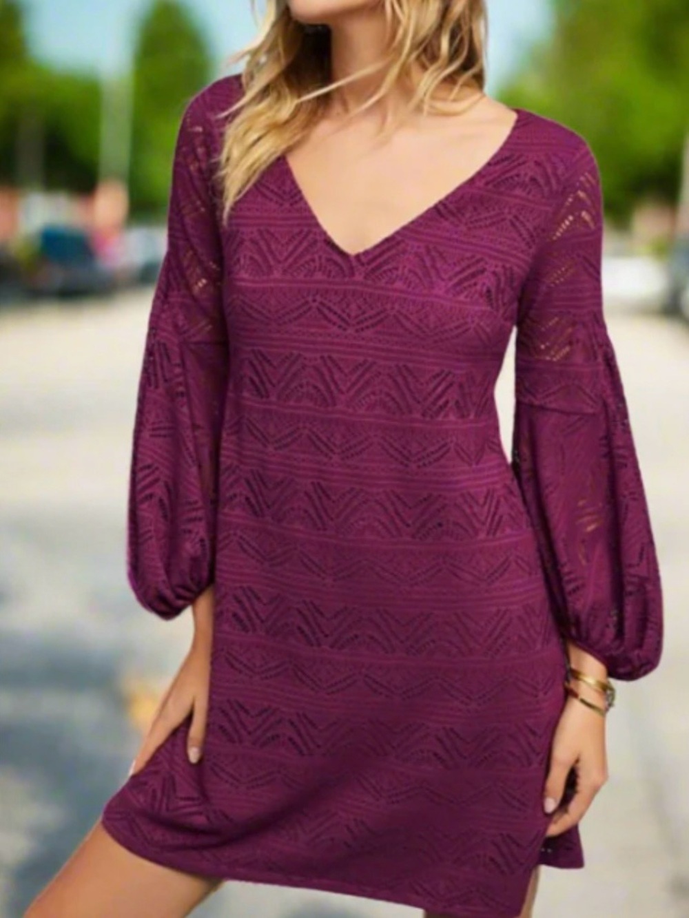 Anthropologie Maeve Laila Lace Boho Mini Dress Plum XS Crochet V-Neck